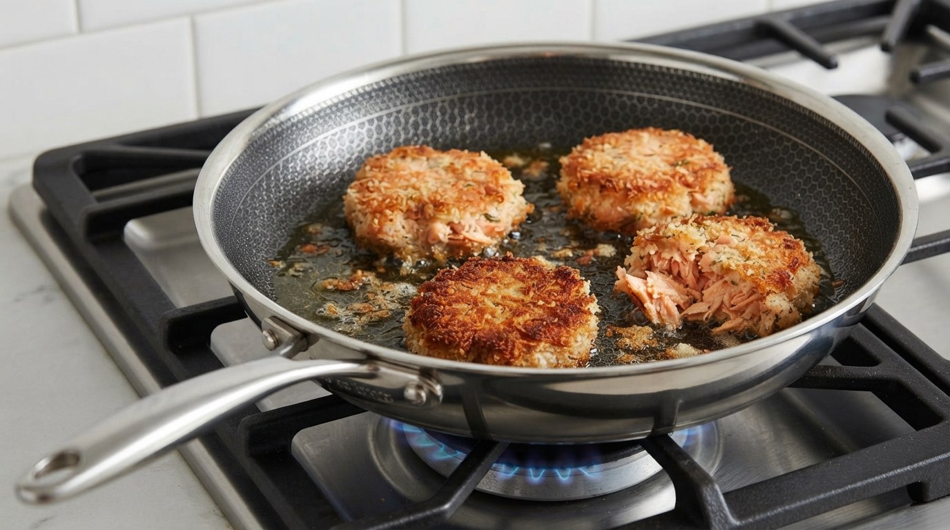 Salmon cakes pan-frying in a skillet, the flipped side golden and crisp