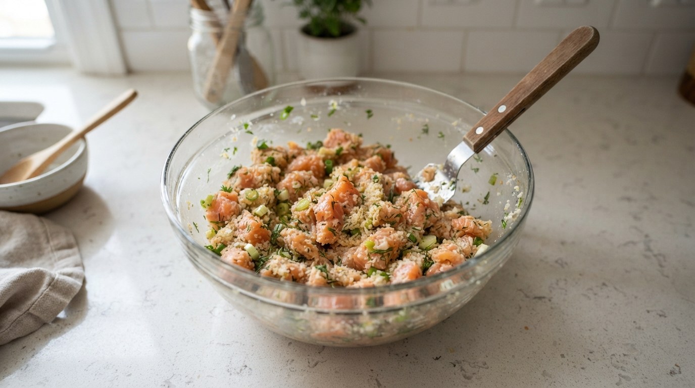 A bowl of raw salmon cake mixture with chopped salmon, salmon paste, panko and green onion
