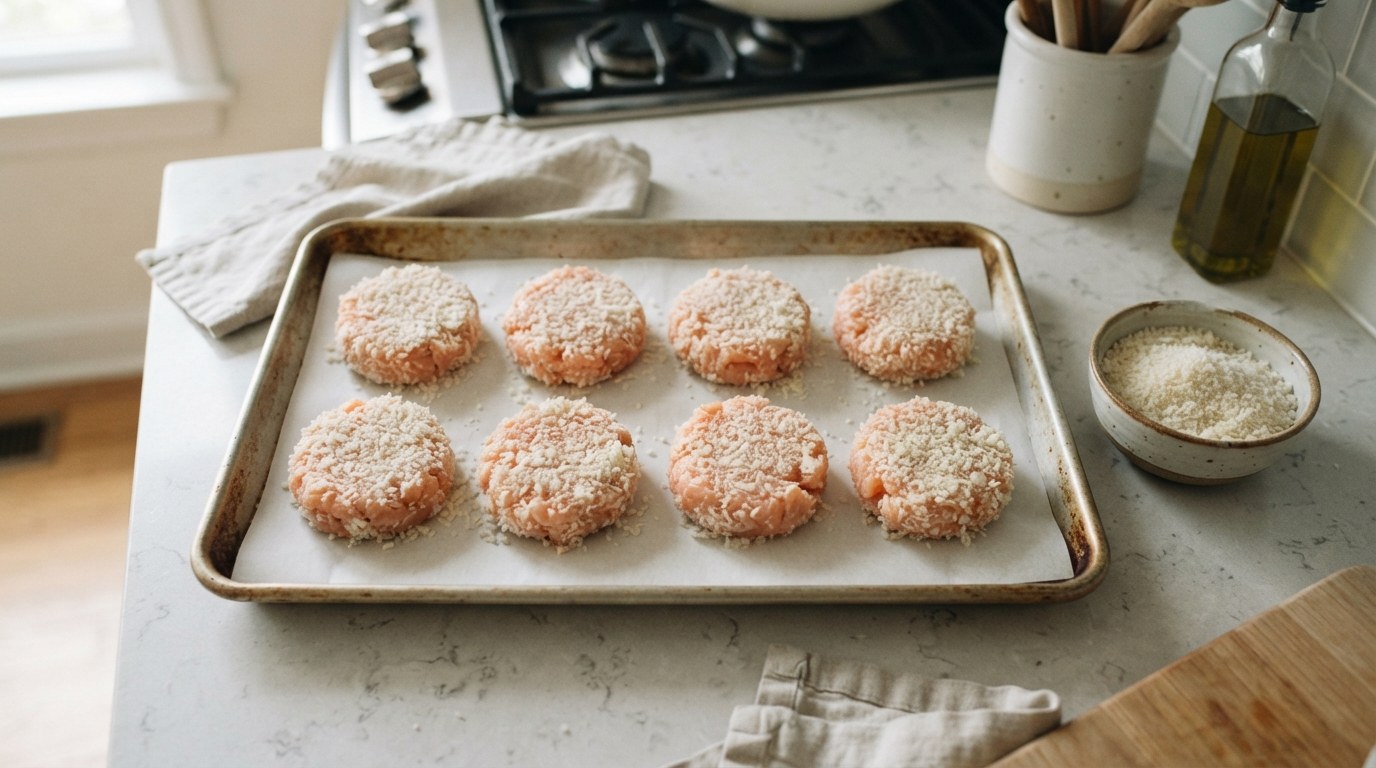 Eight raw salmon cakes coated in panko on a parchment-lined sheet tray