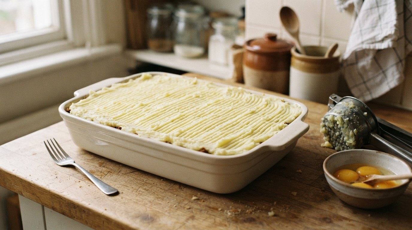 A baking dish of lamb filling covered with mashed potato forked into ridges, ready for the oven, on the kitchen counter