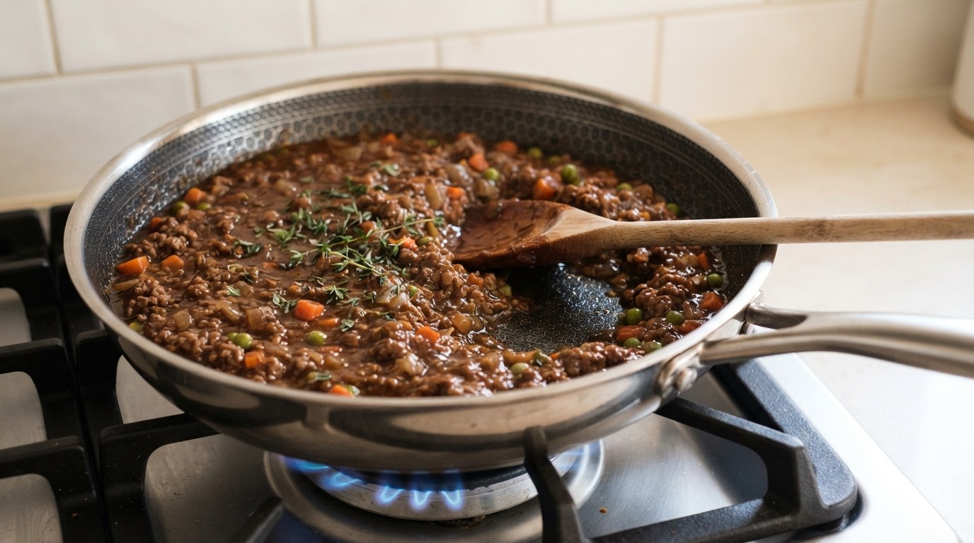 A thick lamb mince filling with carrots, onion and peas simmered down in a skillet until a spoon leaves a trail