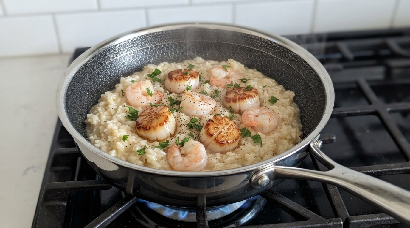 Finished creamy shrimp and scallop risotto in the pan, glossy and al dente with golden seared scallops and pink shrimp
