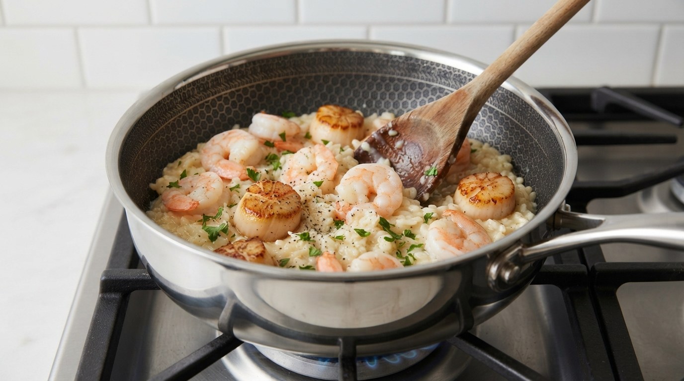 Folding the seared scallops and cooked shrimp into the finished creamy risotto