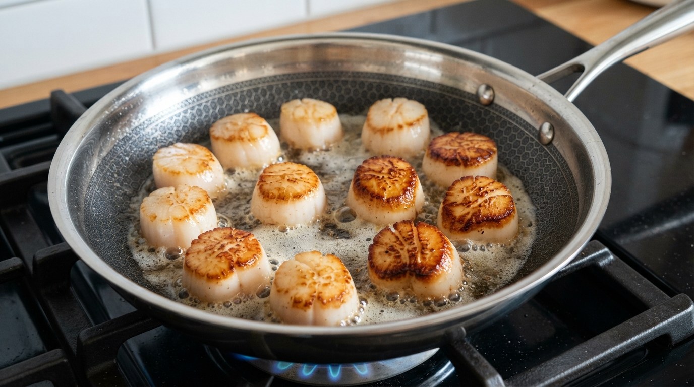 Sea scallops searing alone to a deep golden crust in butter before folding into the risotto