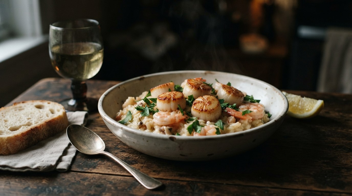 Shrimp and scallop risotto served with a glass of white wine and crusty bread