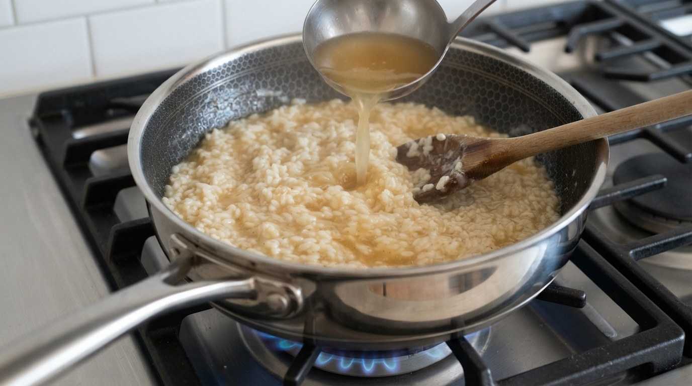 Adding warm stock a ladle at a time to the Arborio rice, stirring for a creamy risotto