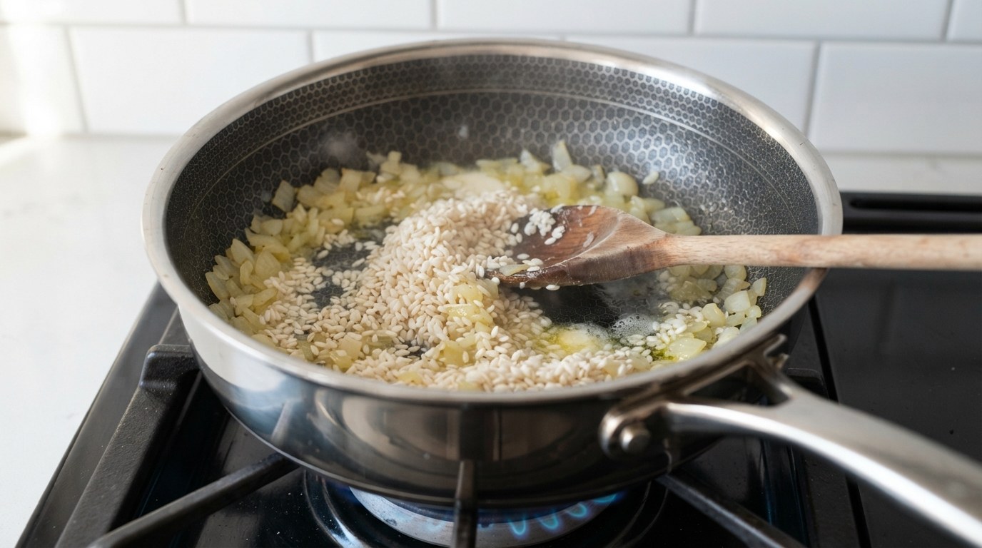 Arborio rice toasting with onion in a pan, the grain edges turning translucent (the tostatura)