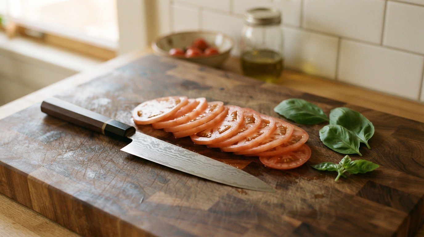 A thin Damascus-clad Shun chef's knife resting beside a fan of paper-thin, even tomato slices on a butcher-block board