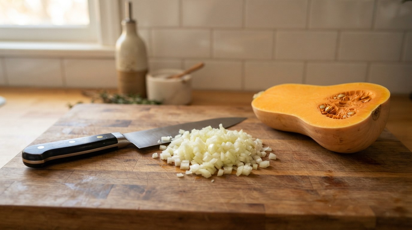 A heavy German-style Zwilling chef's knife with a full bolster resting beside a pile of finely diced onion and a halved butternut squash