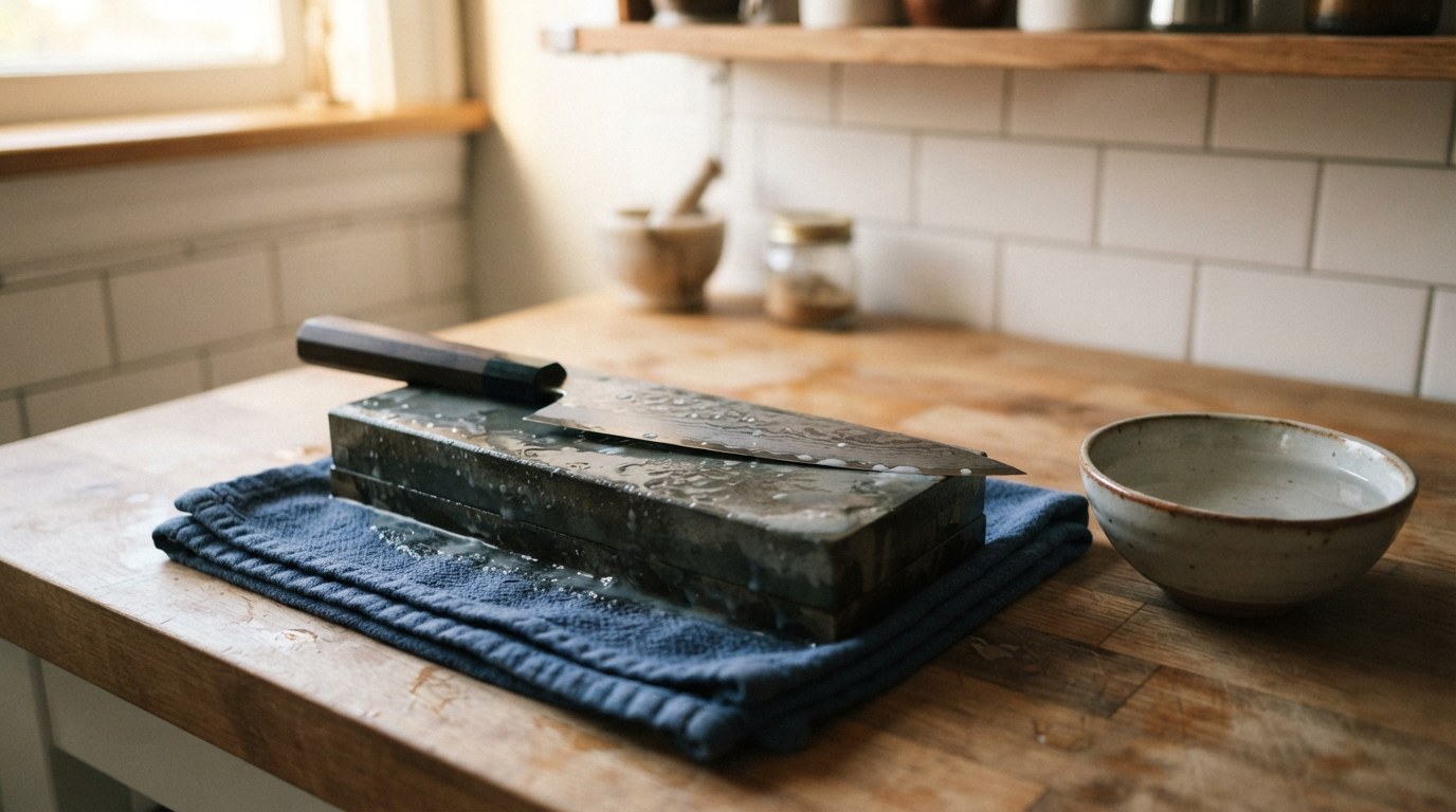 A thin Damascus-clad Shun chef's knife resting flat at a shallow angle on a wet whetstone on a folded towel, with a bowl of water beside it