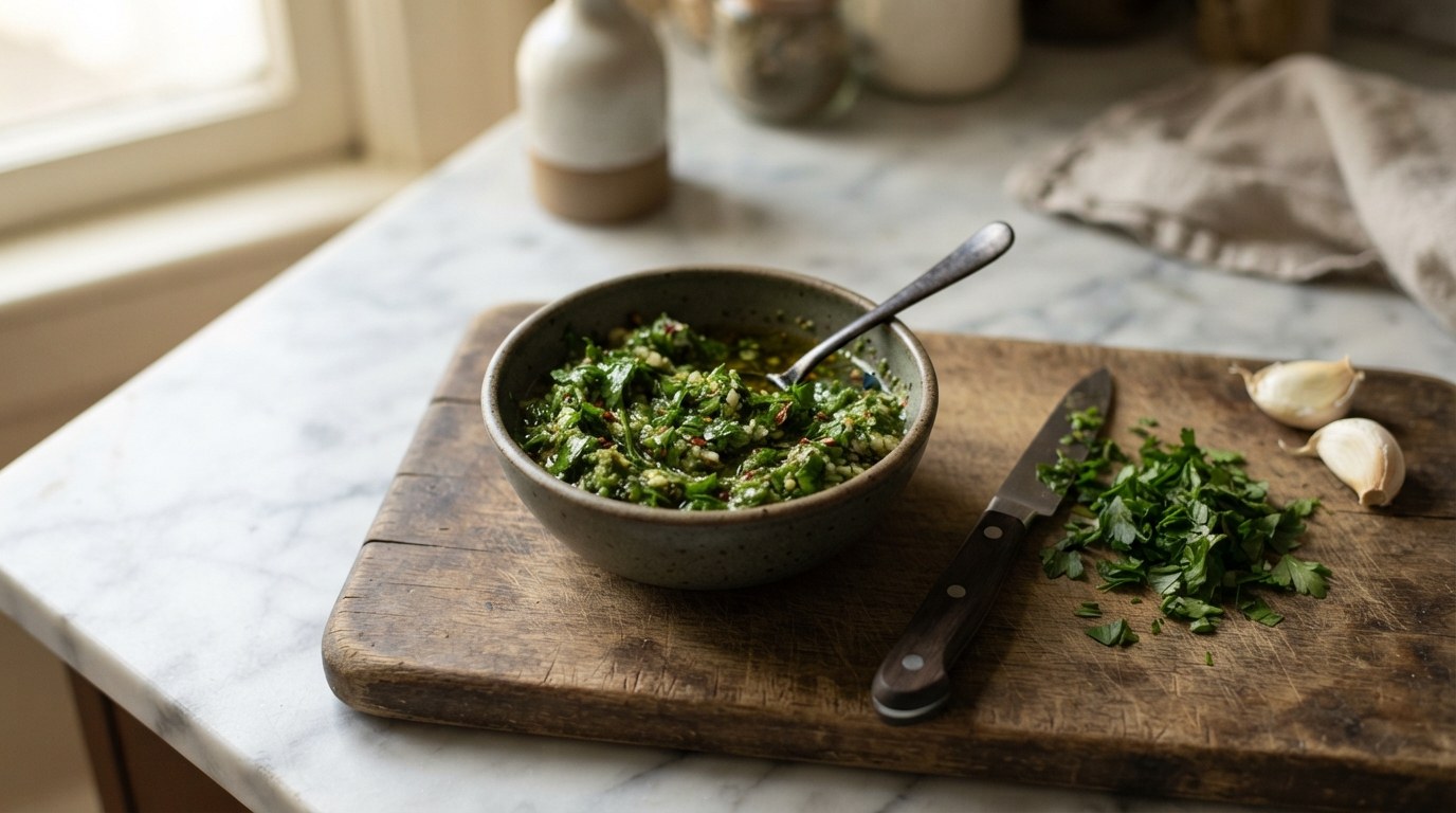 A bowl of chunky hand-chopped chimichurri on a cutting board with a knife, chopped parsley and garlic cloves