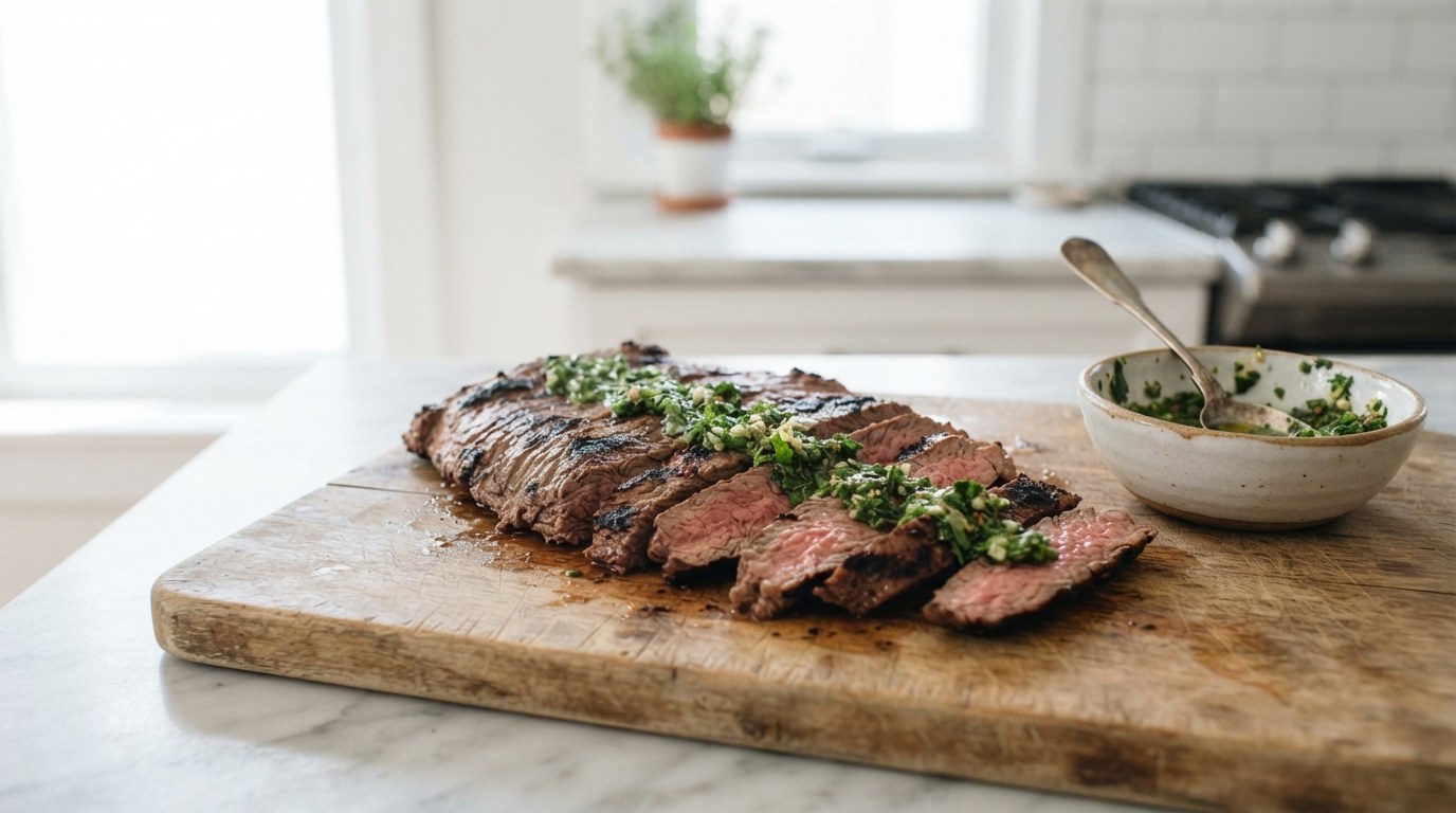 Sliced skirt steak with chimichurri on a wooden board