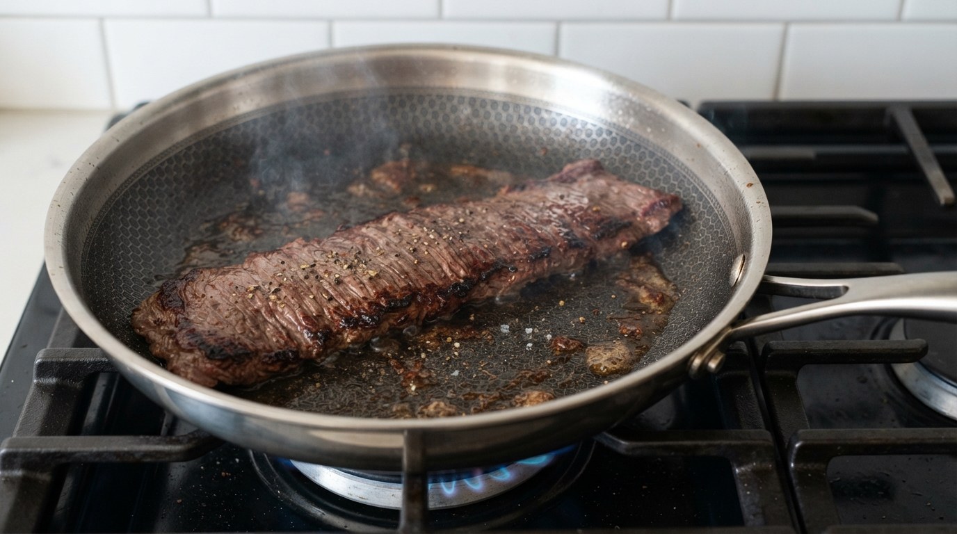 A long thin skirt steak searing flat in a very hot skillet with a dark brown crust
