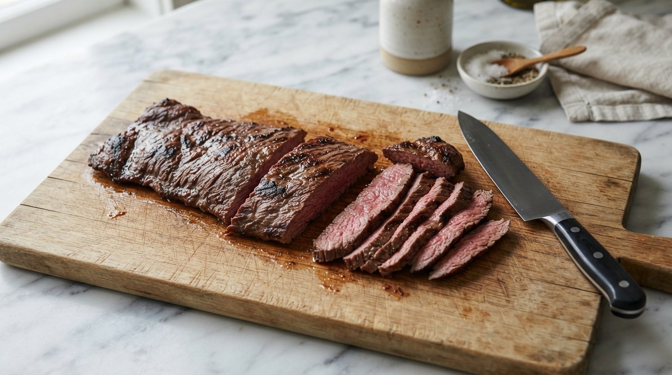Cooked skirt steak cut into sections on a board, one section sliced thinly across the grain showing a pink center