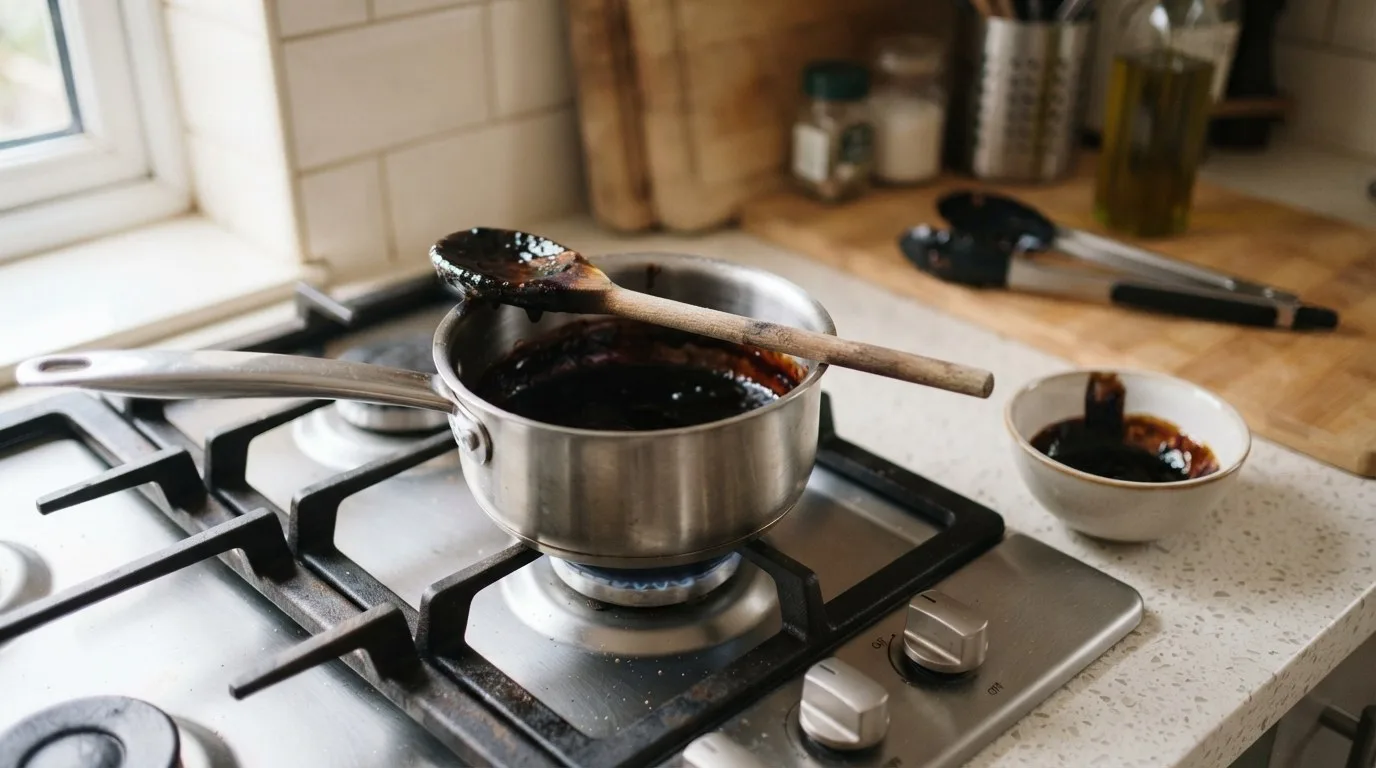 Balsamic reduction in a small saucepan, thick enough to coat a wooden spoon