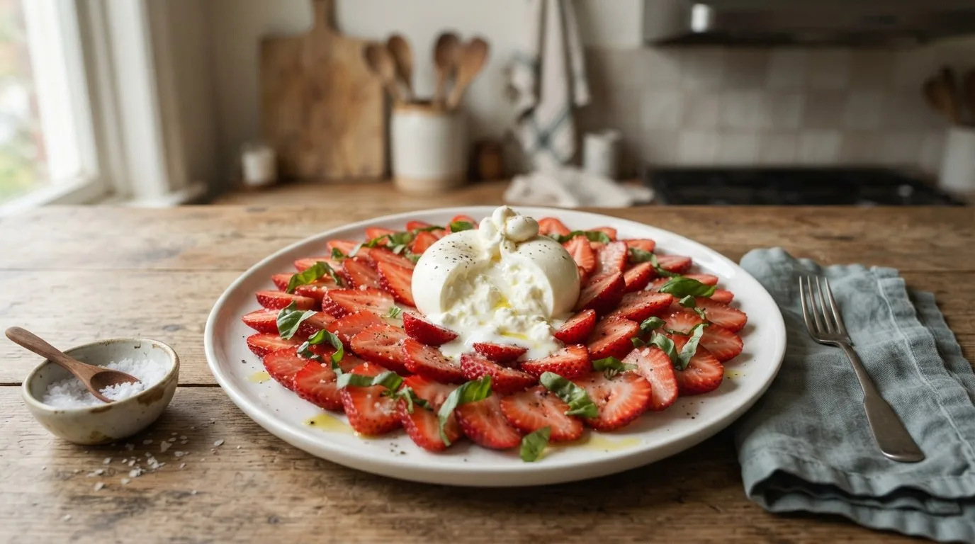 A platter of sliced strawberries and basil around a ball of burrata split open so the cream spills over the fruit