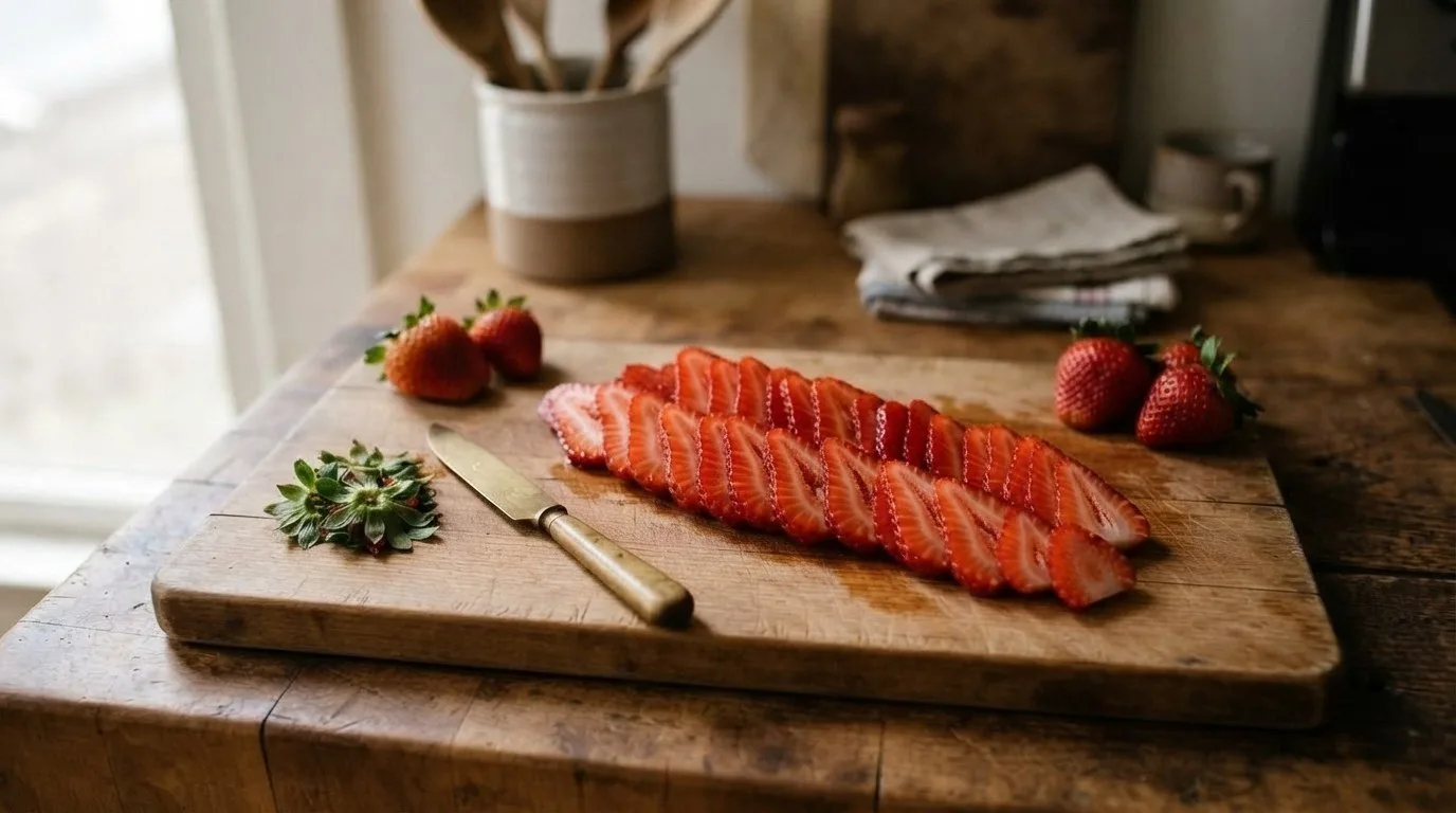 Strawberries sliced lengthwise into heart-shaped quarter-inch slices on a wooden cutting board, with a paring knife and the hulled tops