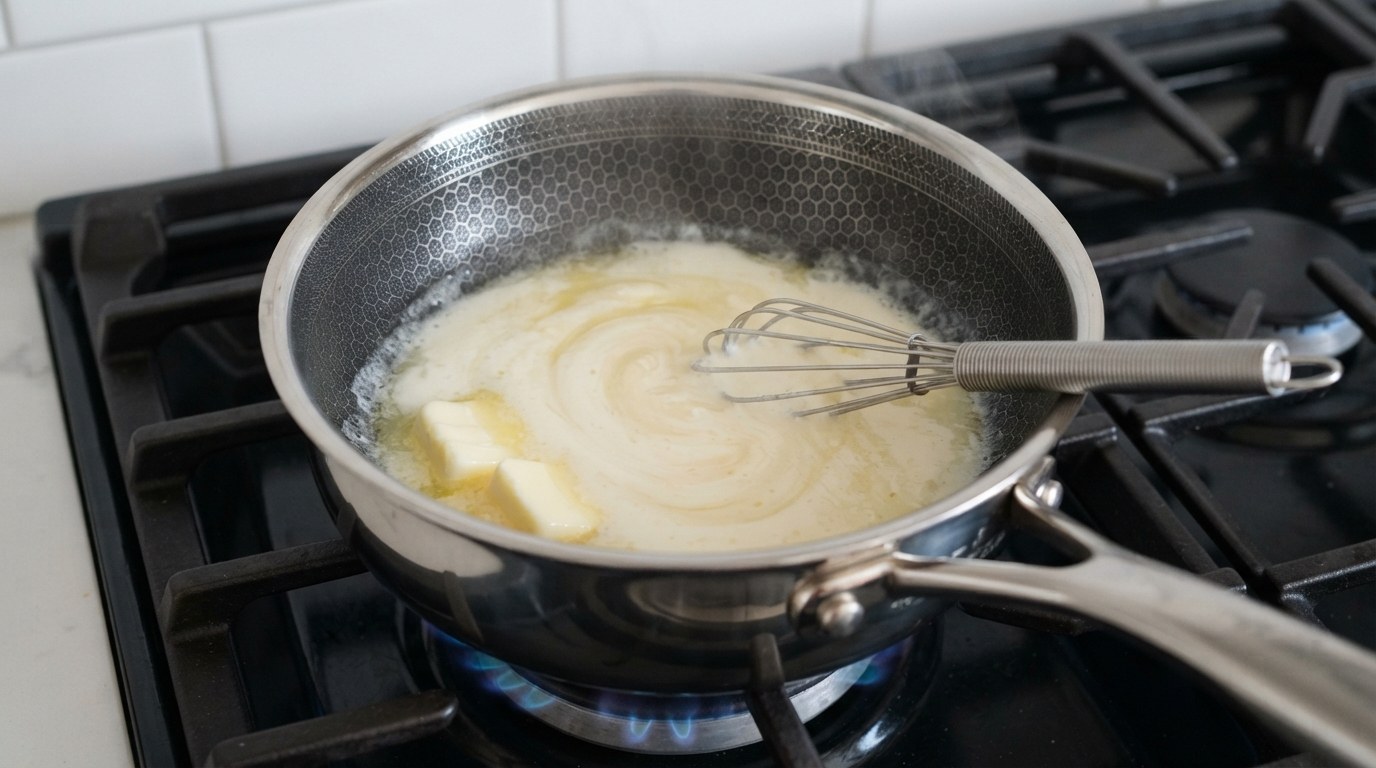 Heavy cream and cubes of butter warming together in a small saucepan with a whisk resting in it