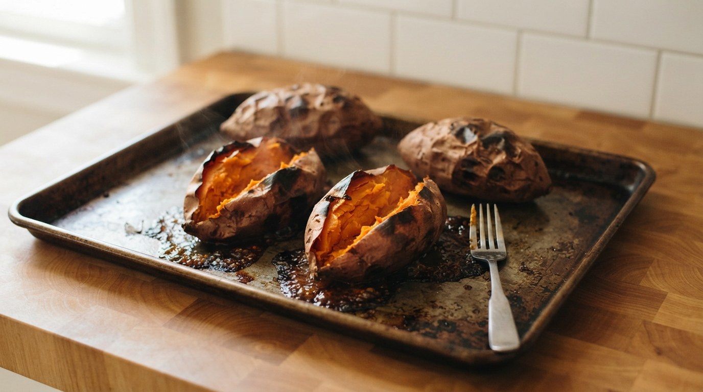 Whole roasted sweet potatoes on a sheet pan with wrinkled skins, two split open to show soft orange flesh and caramelized juices pooled on the pan