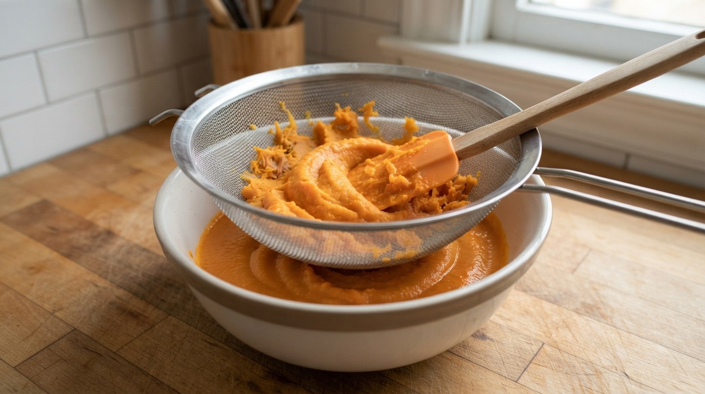 Sweet potato puree being pressed through a fine-mesh sieve with a silicone spatula into a bowl, smooth puree collecting below and fibers left on the mesh