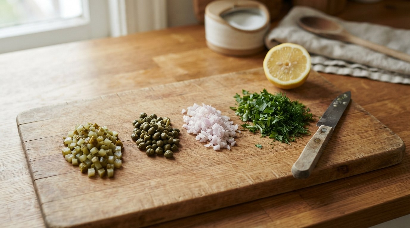 Small piles of finely chopped cornichons, capers, shallot, parsley and dill on a wooden board with a paring knife