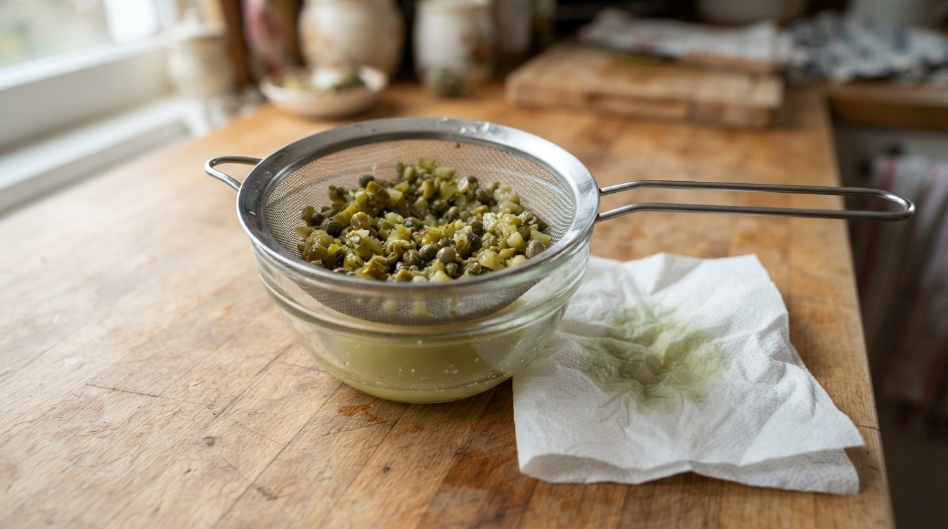 Chopped cornichons and capers pressed in a small sieve over a bowl with drained pickle brine underneath