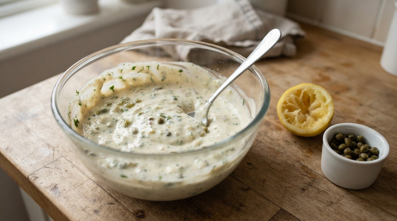A glass bowl of freshly mixed tartar sauce with chopped cornichons, capers, shallot and herbs folded through