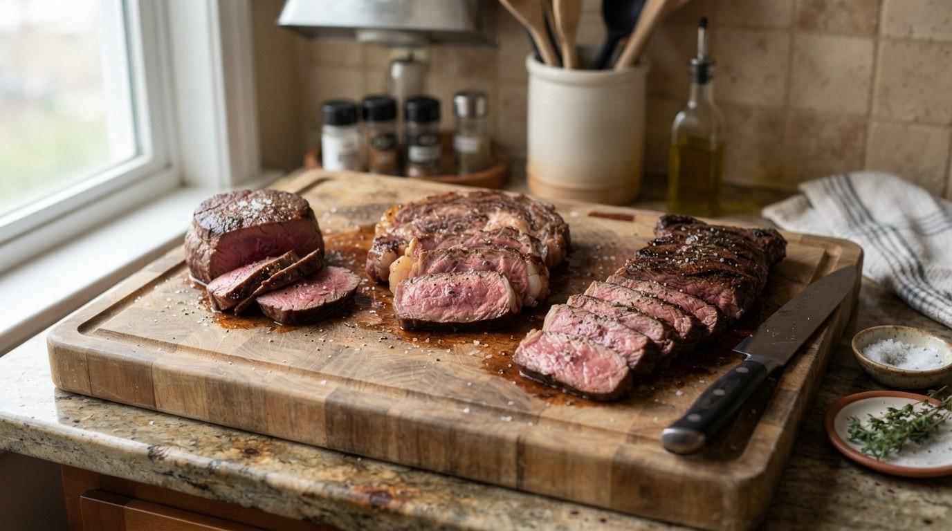 Sliced medium-rare filet mignon, ribeye and flat iron steak on a cutting board