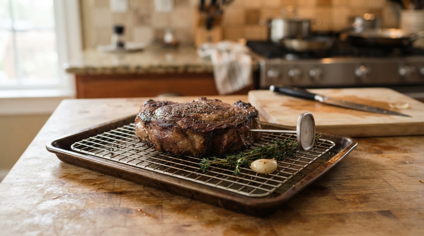 A seared ribeye resting on a wire rack with an instant-read thermometer in the side