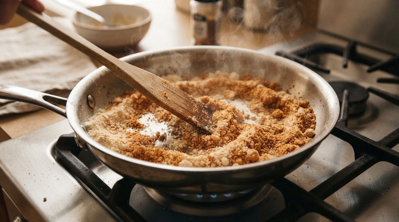 Dry milk powder toasting to deep golden brown in a dry skillet, stirred with a spatula