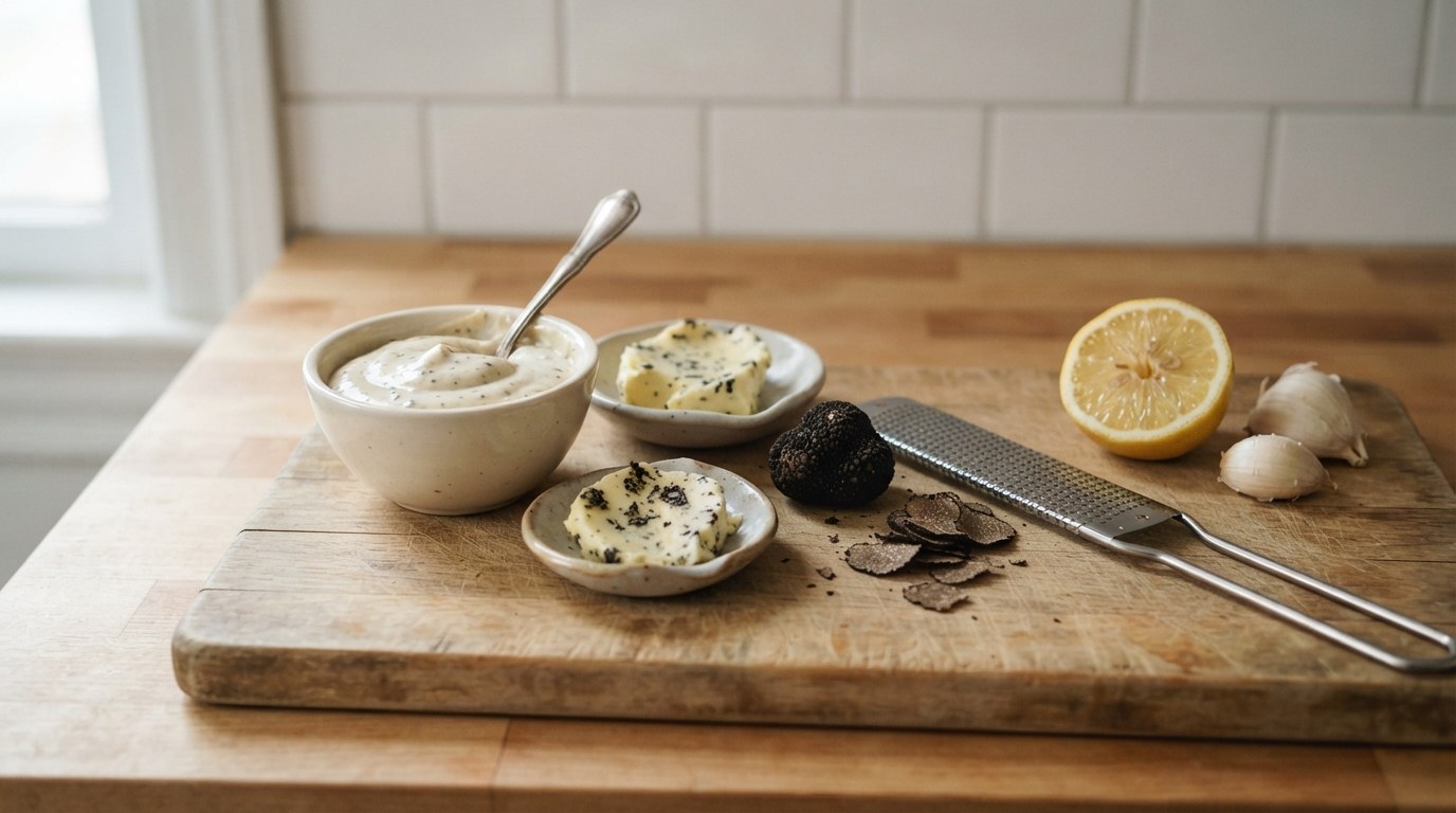 A bowl of truffle aioli flecked with black truffle beside a dish of truffle butter, a whole black truffle, a fine grater, lemon and garlic on a wooden board