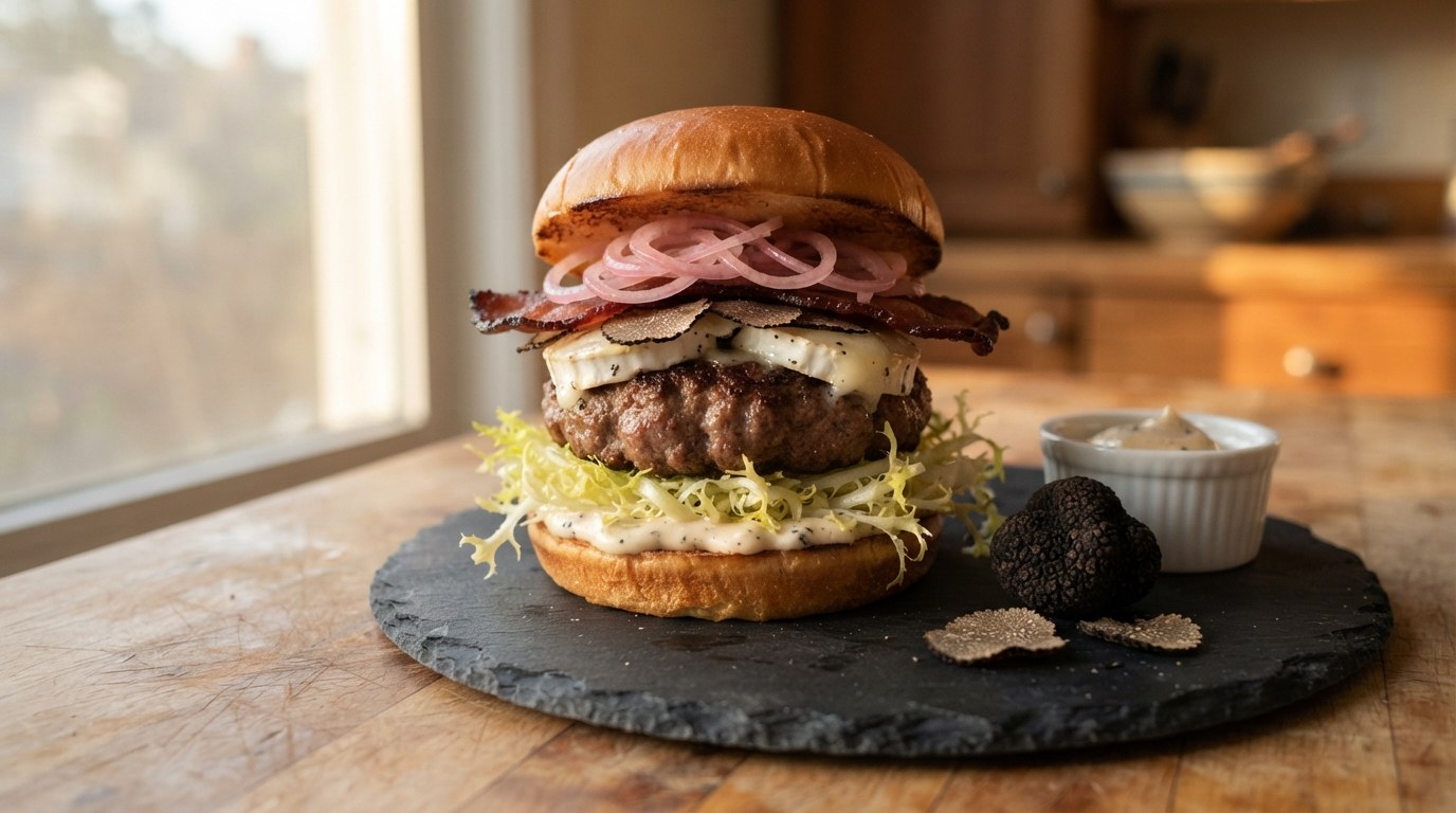 Gordon Ramsay truffle burger with truffle goat cheese, bacon, frisée and pickled shallots
