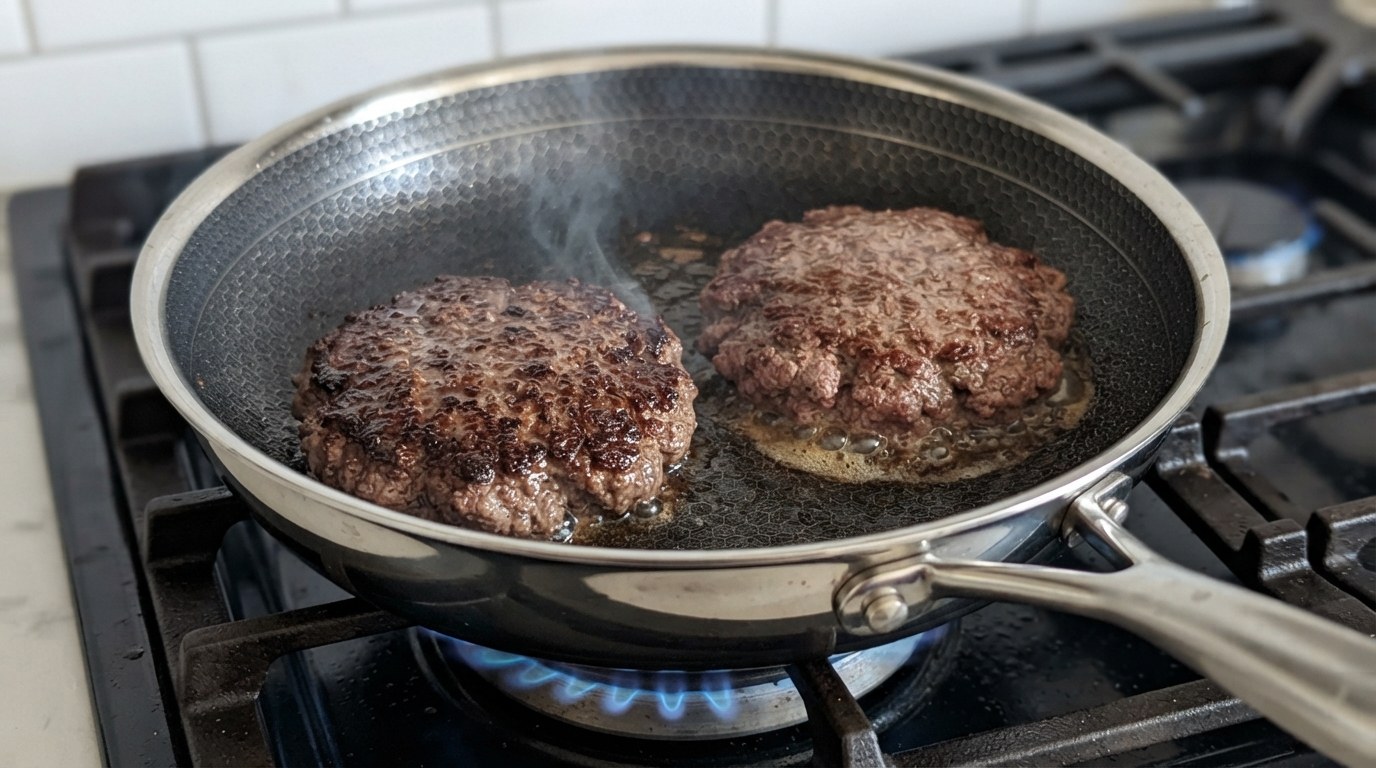 Two thick beef burger patties searing in a very hot skillet, one flipped to show a dark brown crust