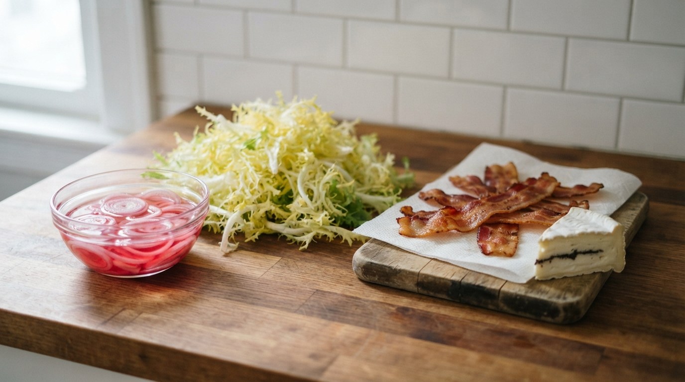 Pink quick-pickled shallot rings in a glass bowl, a pile of frisée, crisp bacon on a board and a wedge of truffle goat cheese on a kitchen counter