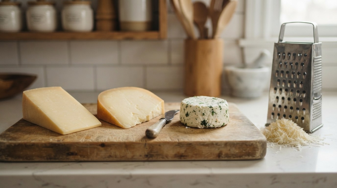 A wedge of pale-yellow aged Irish cheese, a wedge of aged provolone and a round of white garlic and herb soft cheese on a wooden board, a box grater and finely grated cheese beside it