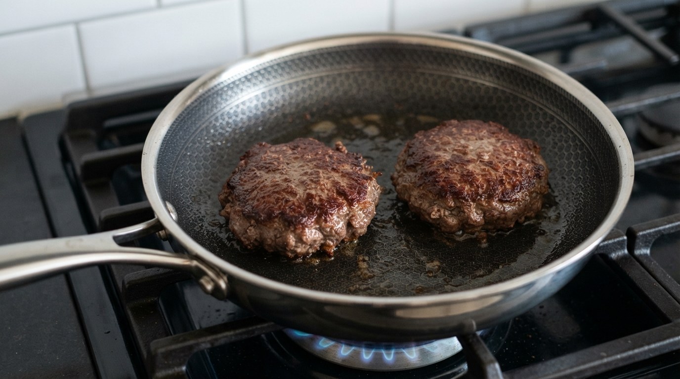 Two seared beef burger patties with a deep brown crust in a stainless skillet over a gas flame, a thin film of rendered fat around them