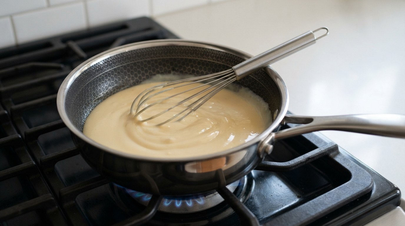 A smooth, glossy pale-gold cheese sauce in a small stainless saucepan with a whisk resting in it, over a low gas flame