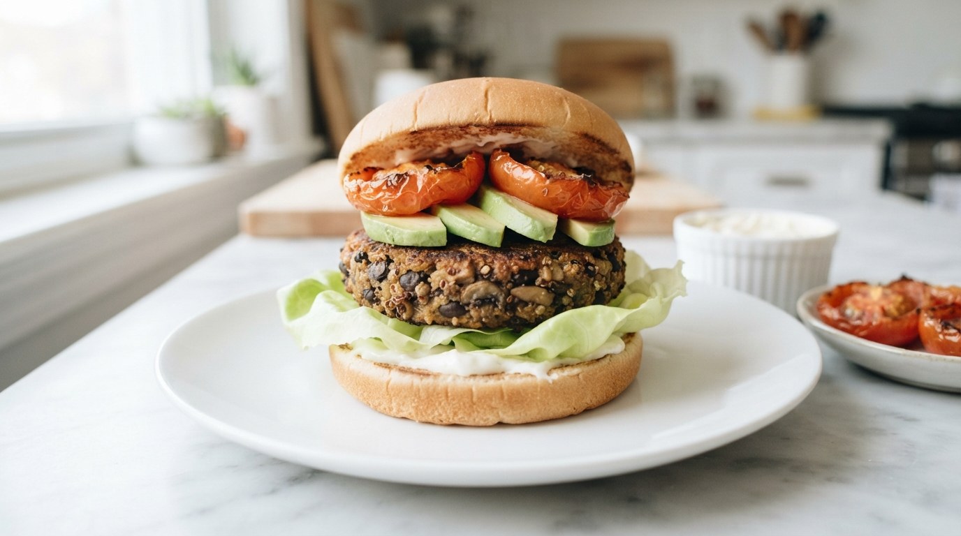 Gordon Ramsay Viva Vegan Burger with a mushroom black bean patty, avocado and roasted tomatoes