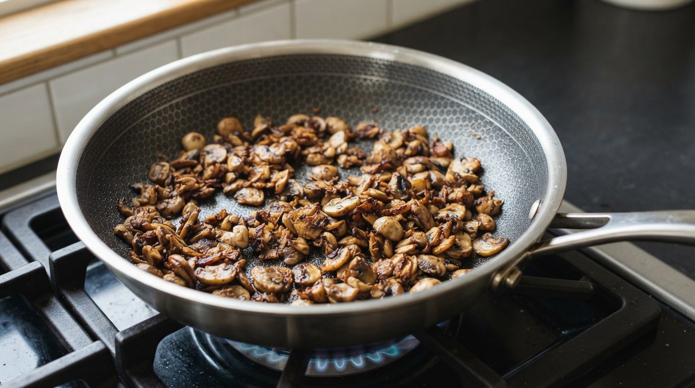 Finely chopped cremini mushrooms browned deep golden in a dry skillet, all their liquid cooked off