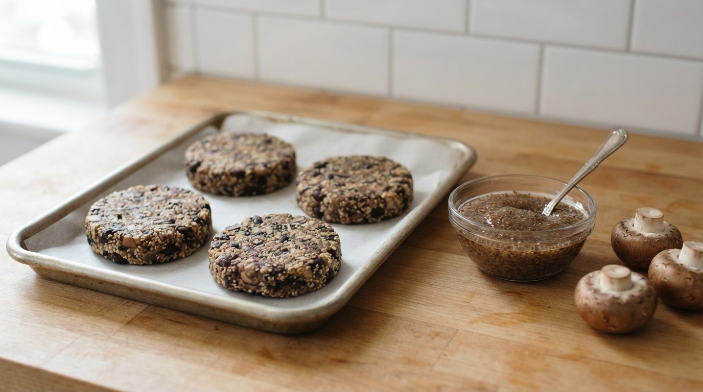 Four raw shaped vegan burger patties of mushroom, black bean, quinoa and oats on a parchment-lined tray beside a small bowl of flaxseed gel
