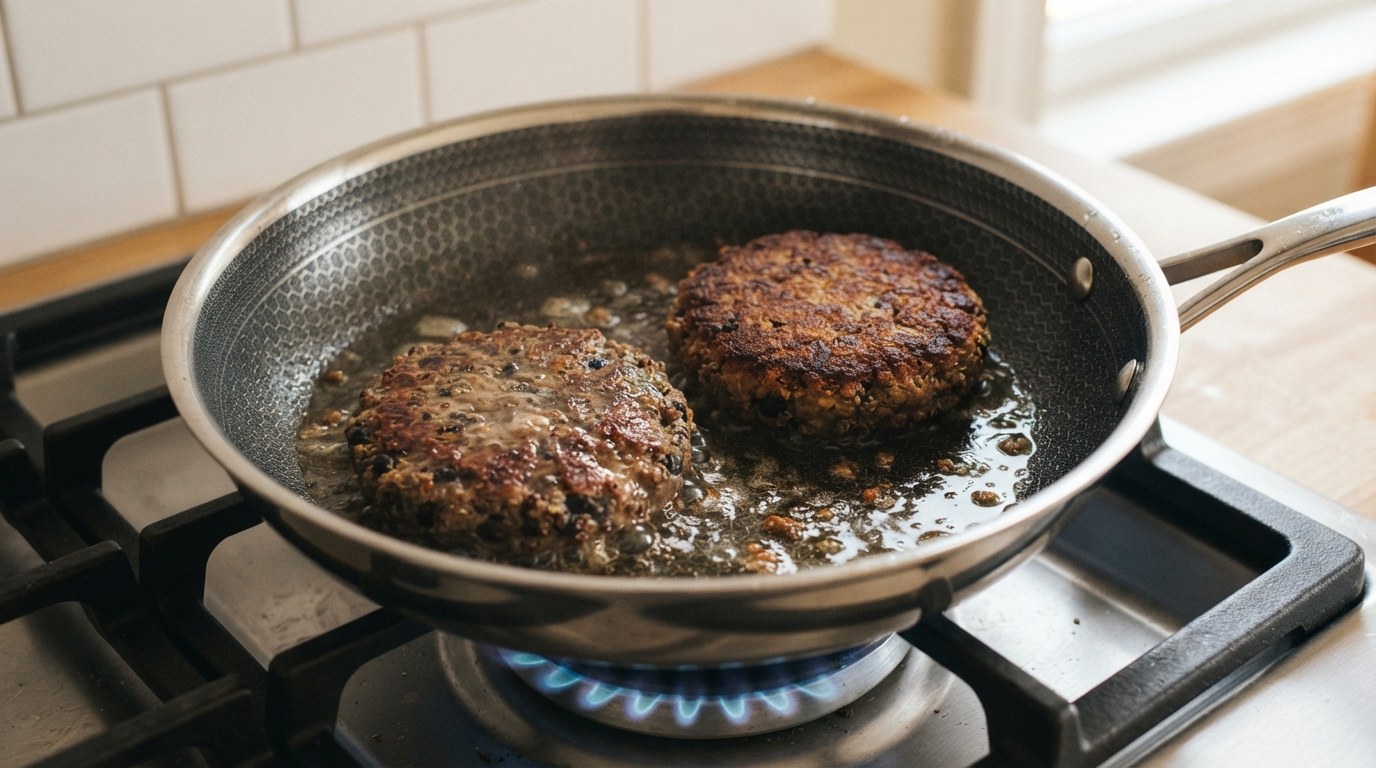 Two homemade veggie burger patties searing in oil in a hybrid stainless nonstick skillet, both with a deep brown crust and intact edges
