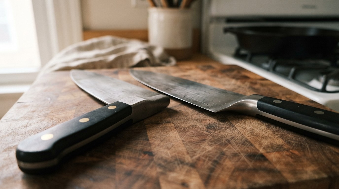 Close-up of the heels of two forged chef's knives on a wooden board: one with a full bolster running to the cutting edge, the other with a curved half bolster leaving the edge exposed