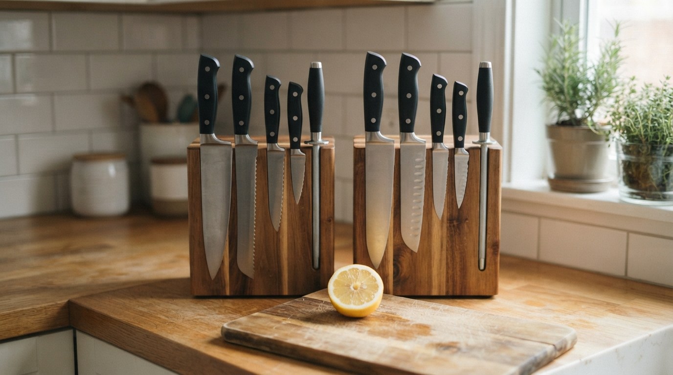 Two wooden knife blocks side by side on a home kitchen counter, each holding forged black-handled kitchen knives and a honing steel