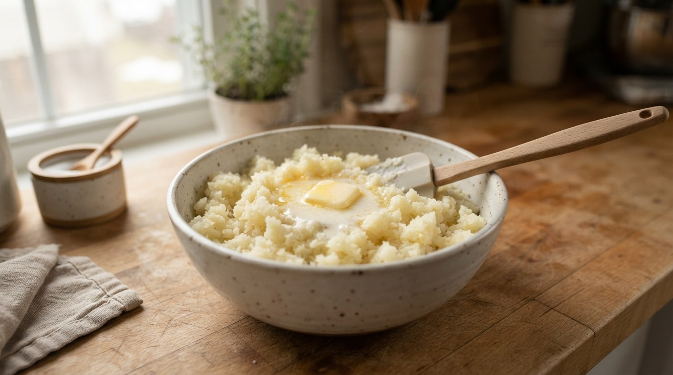 Melted butter and warm cream being folded into riced Yukon Gold potatoes