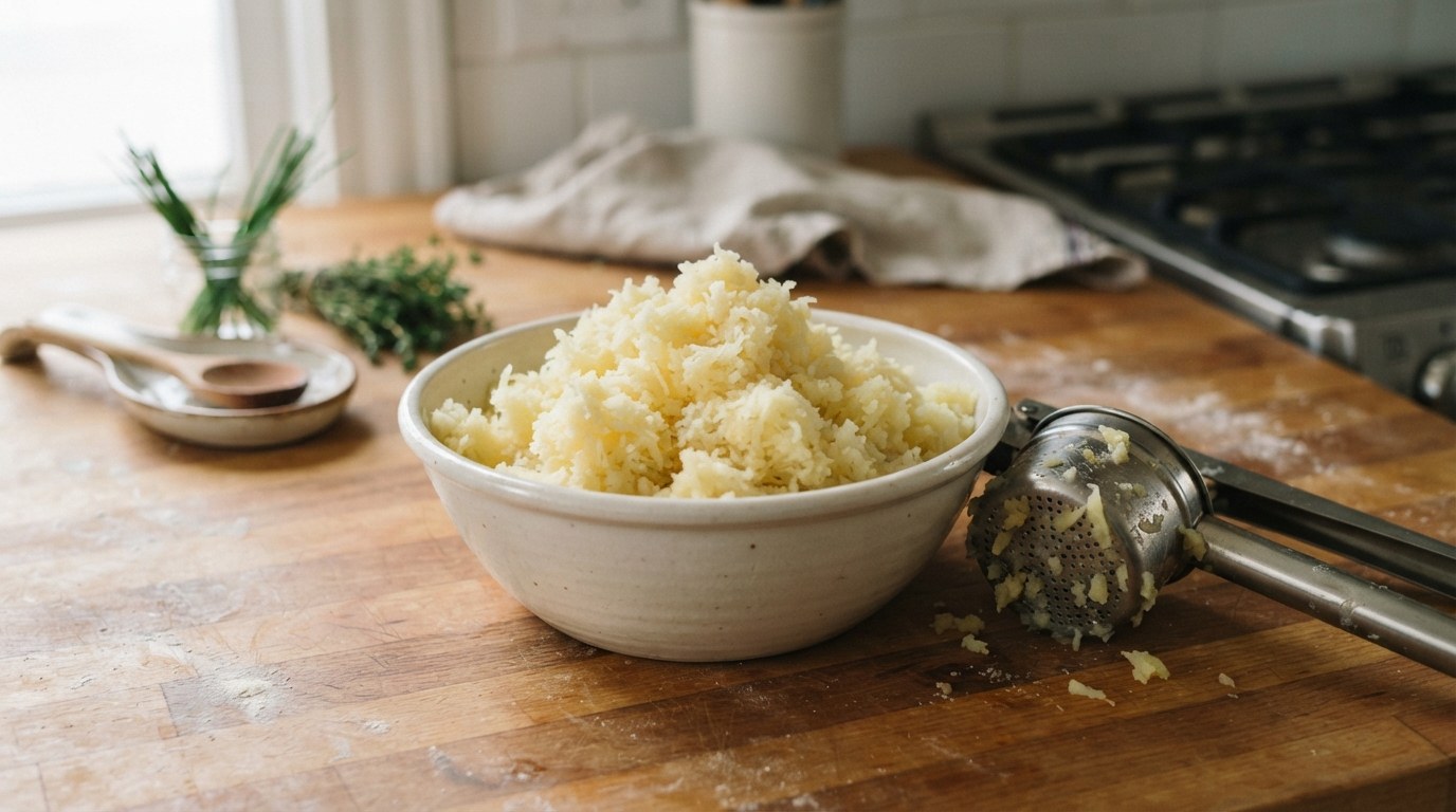 Cooked potatoes being pressed through a stainless steel ricer into fine fluffy strands