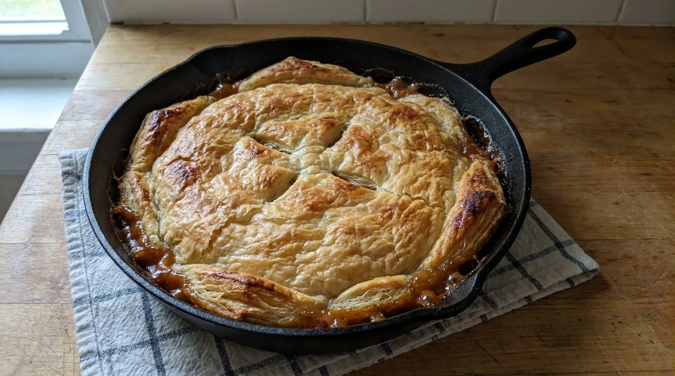 Apple tarte tatin just out of the oven in a black cast-iron skillet, the puff pastry lid risen into flaky golden layers with amber caramel bubbling up around the edge