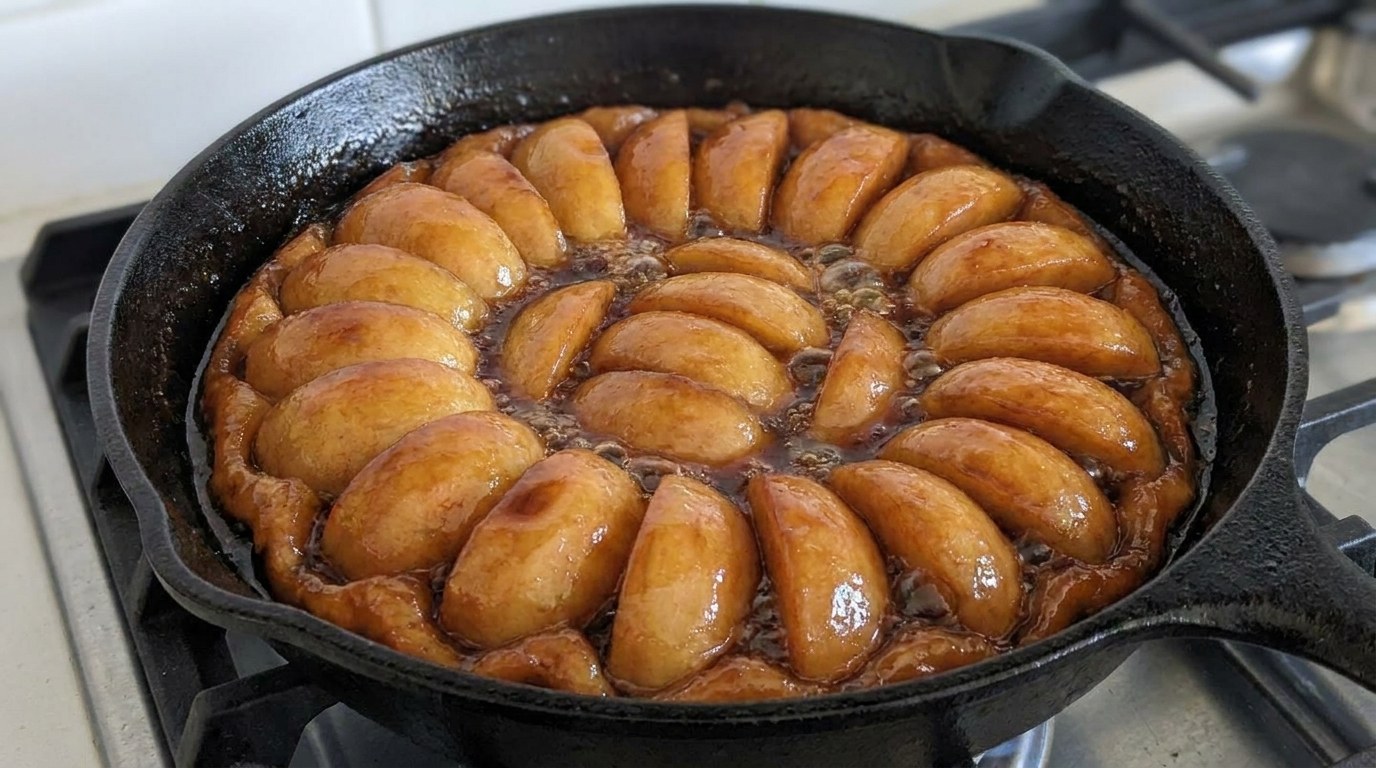Peeled apple quarters packed tightly in concentric rings in a black cast-iron skillet, glossy and amber, bubbling in deep amber caramel on a gas burner for apple tarte tatin