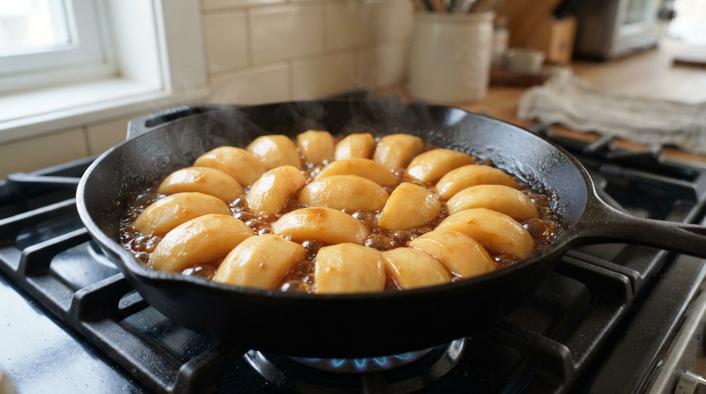 Peeled apple quarters packed tightly in bubbling amber caramel in a cast-iron skillet on the stove, before the puff pastry goes on