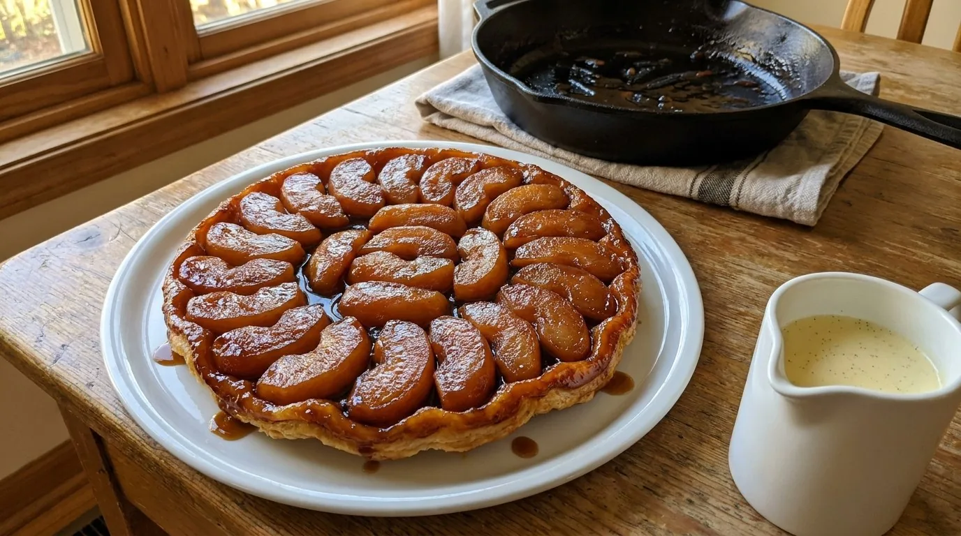 A whole apple tarte tatin turned out upside down on a white plate, caramelized amber apples on top of a golden puff pastry base, a jug of crème anglaise beside it and the empty cast-iron skillet behind