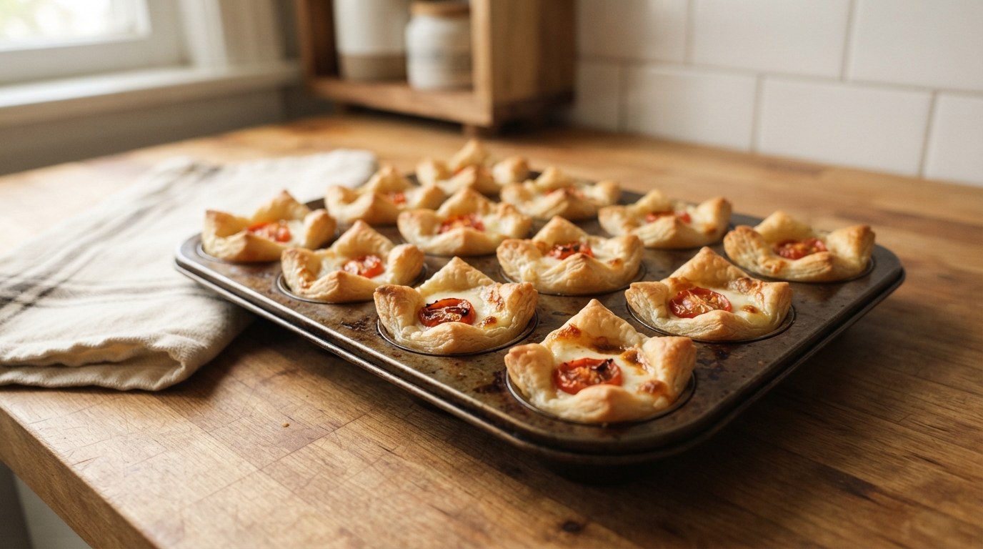 A mini-muffin tin just out of the oven holding puffed deep-golden puff pastry cups with a blistered roasted cherry tomato half and melted mozzarella in each
